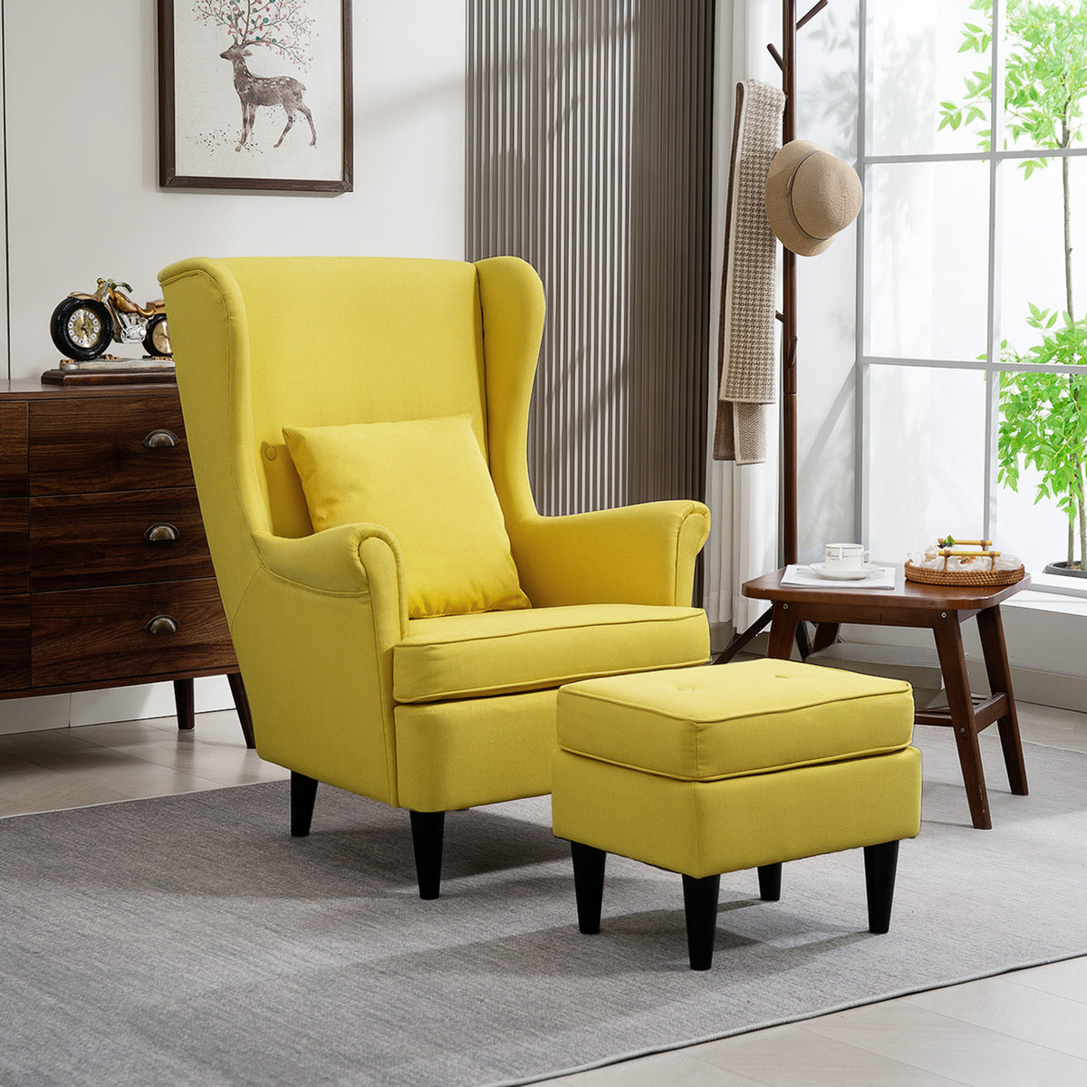 Wingback chair with ottoman, upholstered armchair with rubberwood legs, fabric cover, yellow (2)