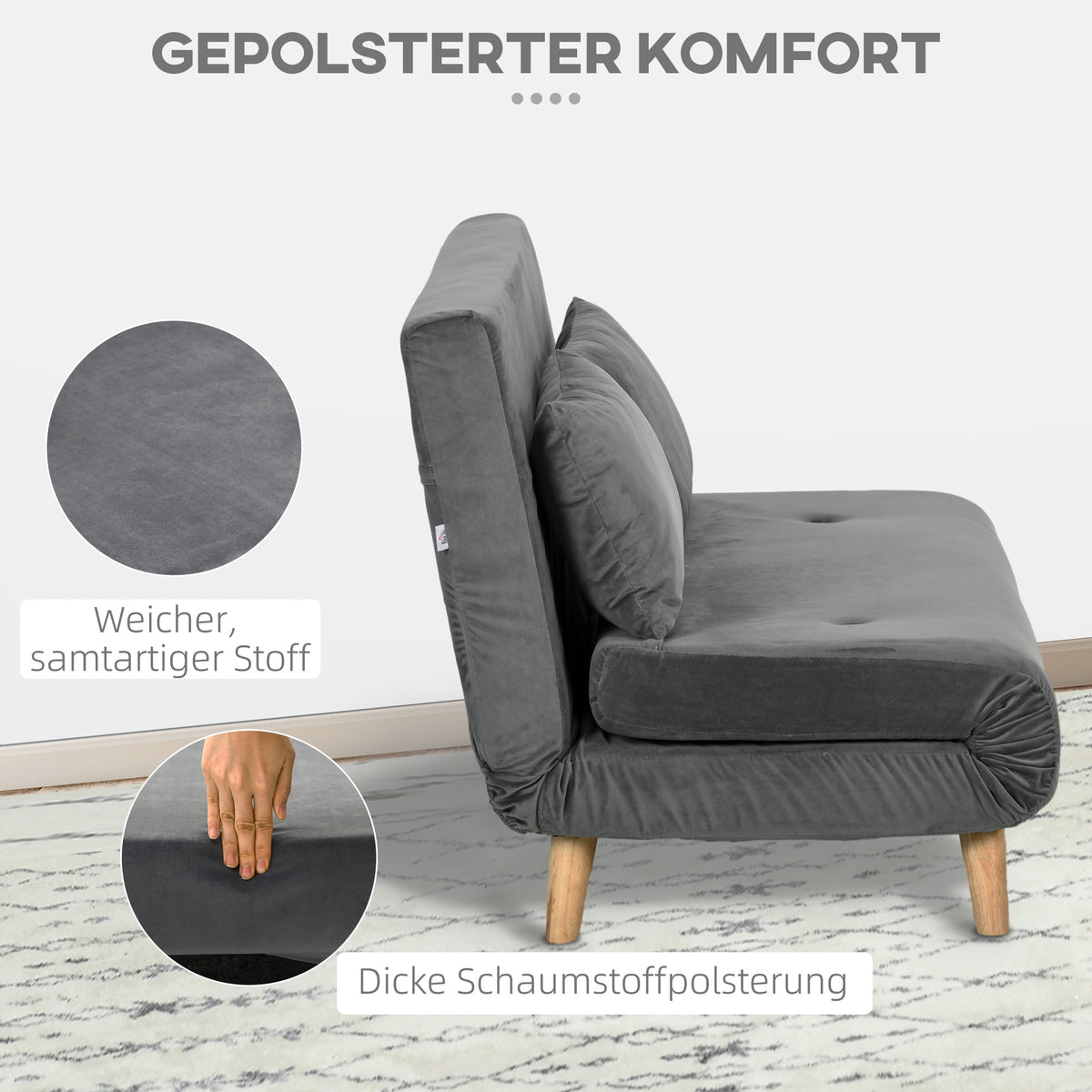 Sofa bed, relax sofa, sofa, couch, incl. 2 cushions, velvet look, 130 x 78 x 79 cm, grey (6)