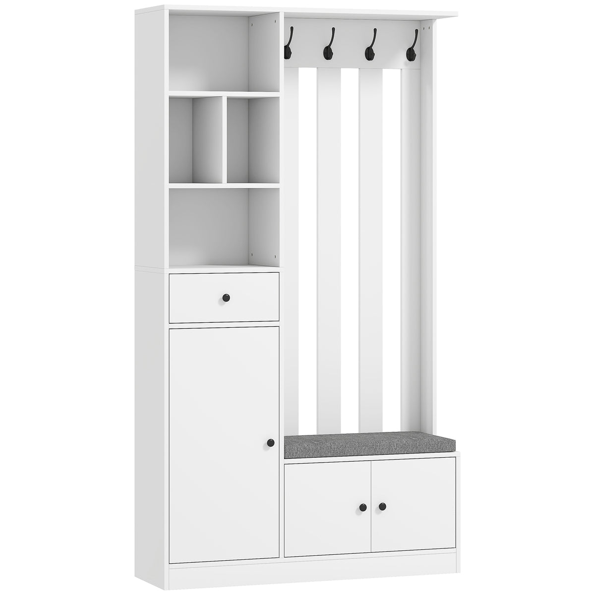 180 cm hall wardrobe with coat rack, shoe bench, 4 hooks, open storage shelves, MDF, white