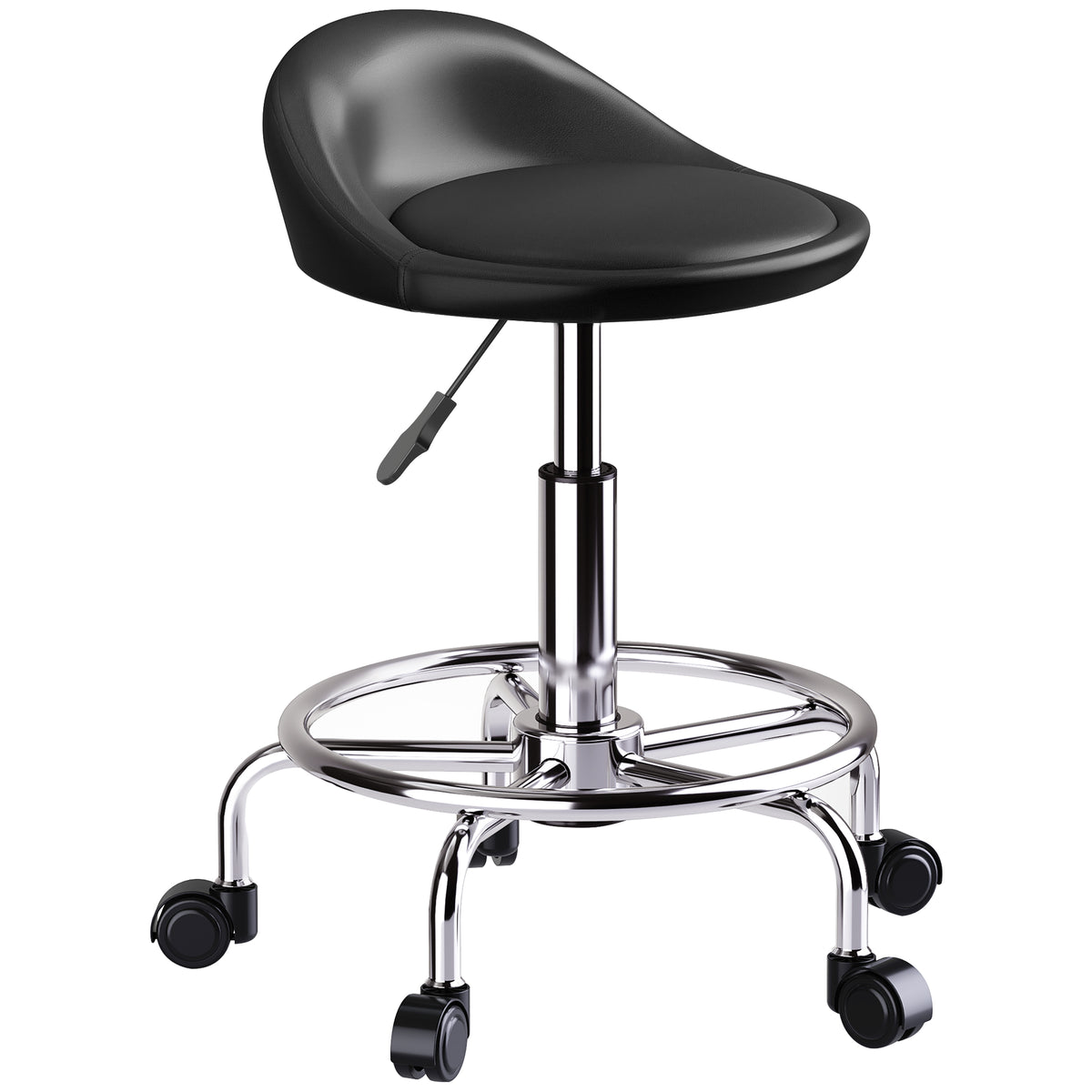 Height-adjustable rolling stool with backrest, swivel stool 59-75 cm, 360° rotatable work stool, black