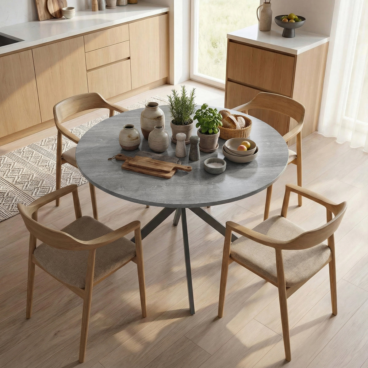 Round dining table for 4 people, industrial style kitchen table with steel legs, for dining room, kitchen, gray (2)