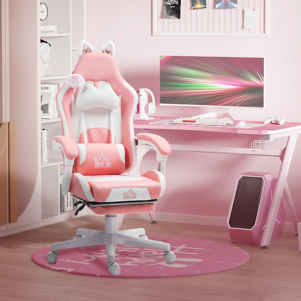 Gaming chair with cat ears, reclining backrest, retractable footrest, up to 120 kg, pink/white (2)