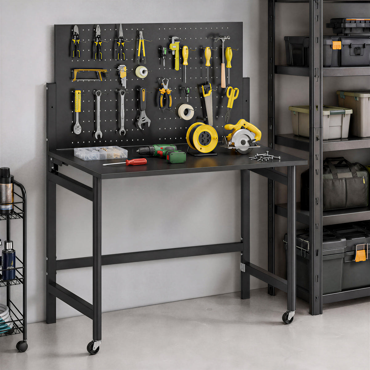 Workbench with pegboard, foldable mobile workbench with wheels, thick worktop, steel frame, hooks, black (2)