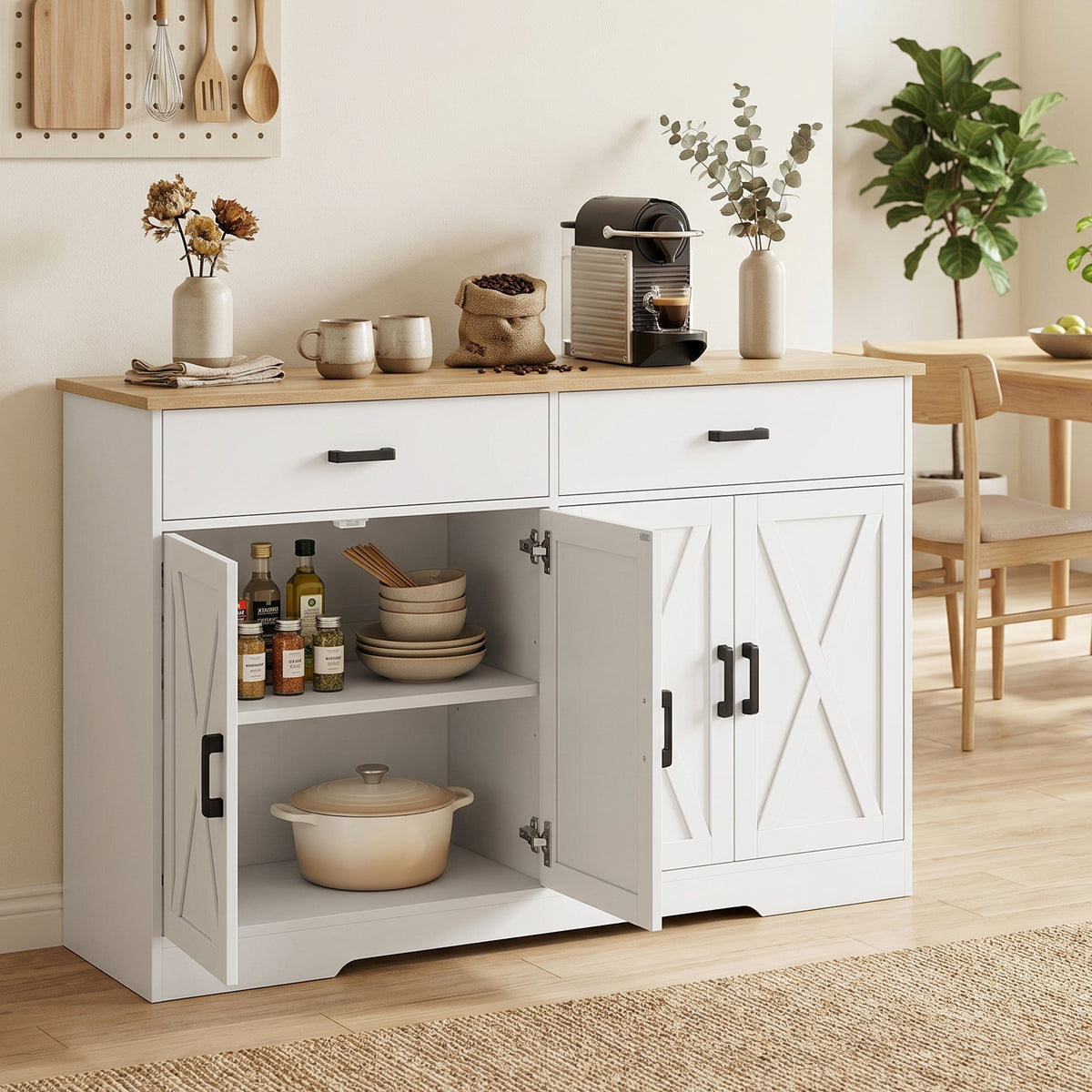 Sideboard Buffet Cabinet, 140 cm Farmhouse Kitchen Cupboard with 2 Drawers and 2 Cabinets, White (2)