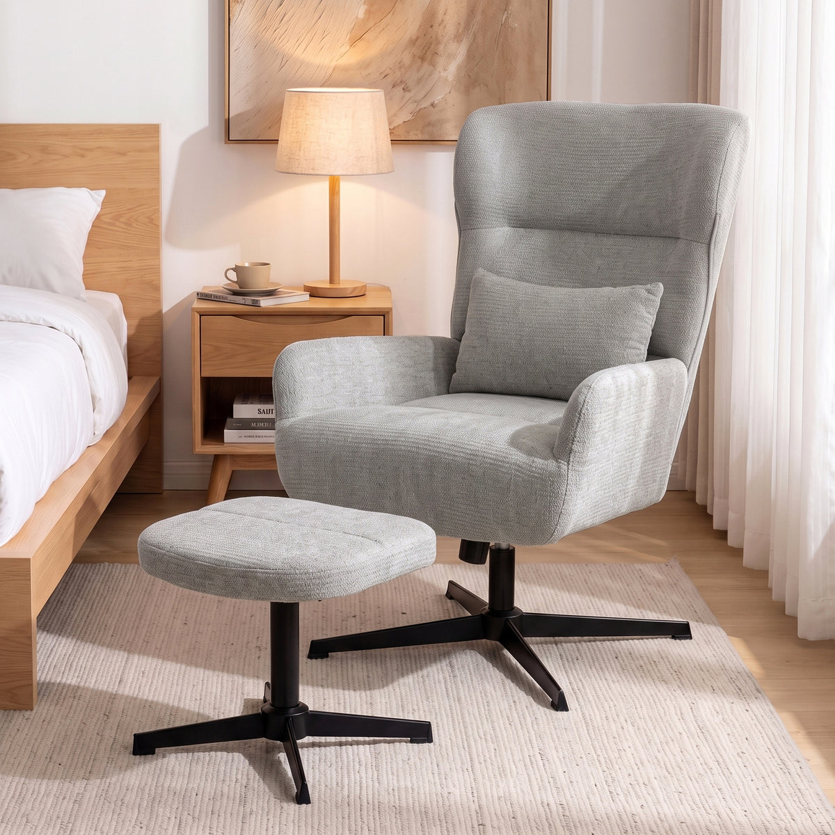 360° swivel lounge chair with ottoman, height-adjustable, chenille upholstery, with lumbar pillow, cream white (2)