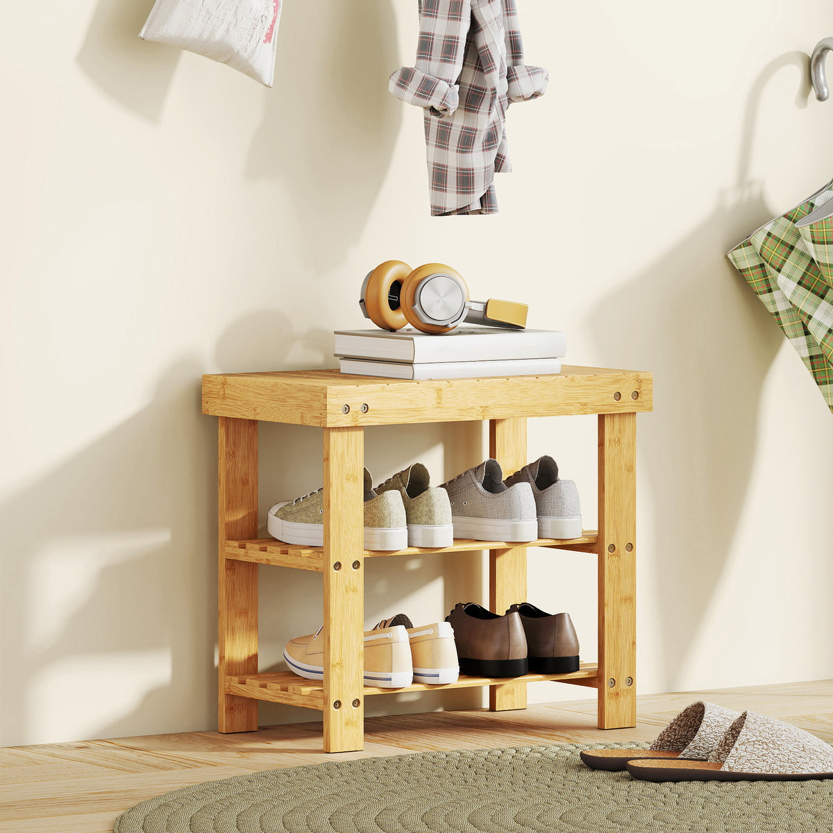 Bamboo shoe bench, shoe rack with 2 shelves, seat, for hallway, entryway, 50x28x45cm, natural (2)