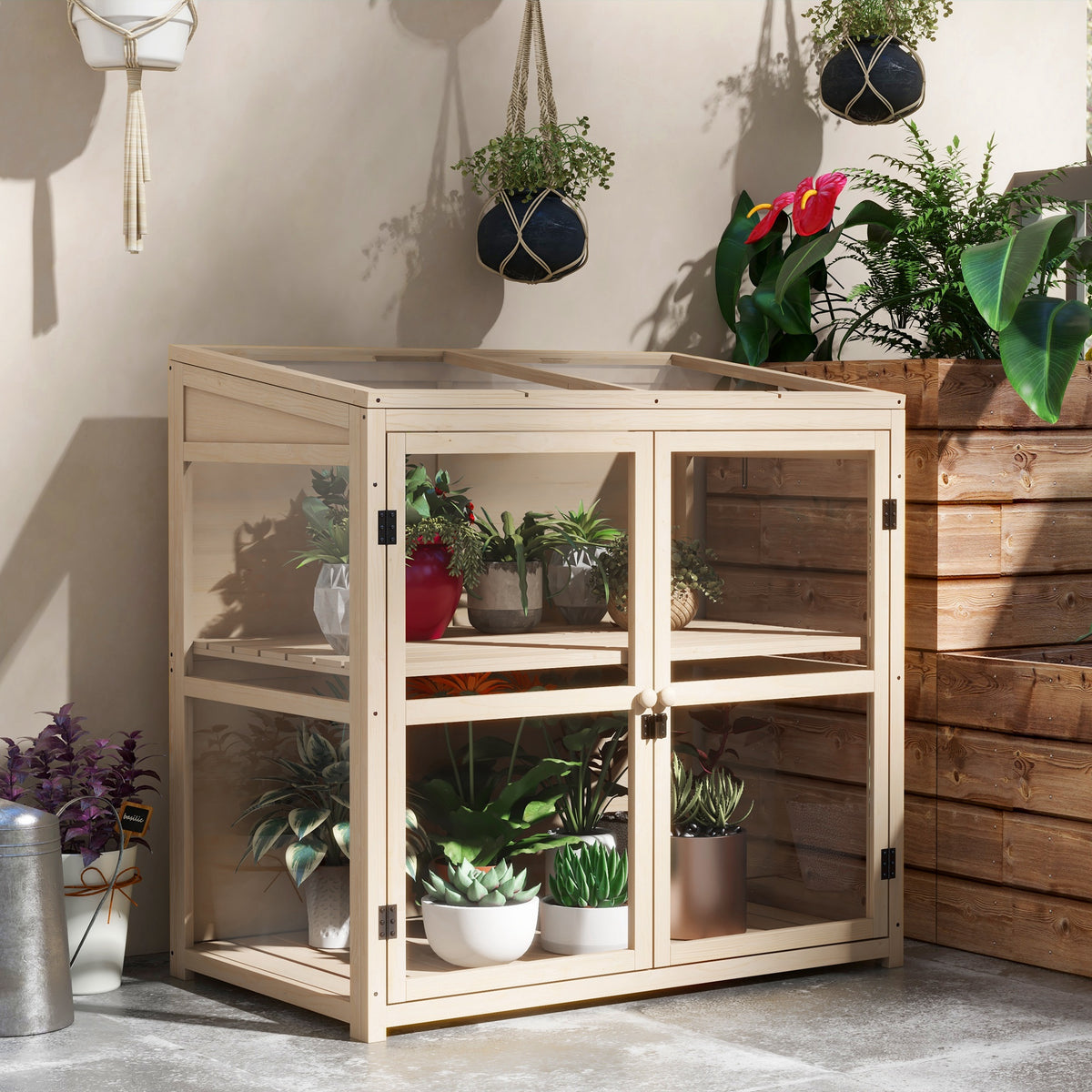 Cold frame raised bed plant bed, weather-resistant, 2 tiers, spruce wood, 103 x 61 x 103 cm, natural (2)