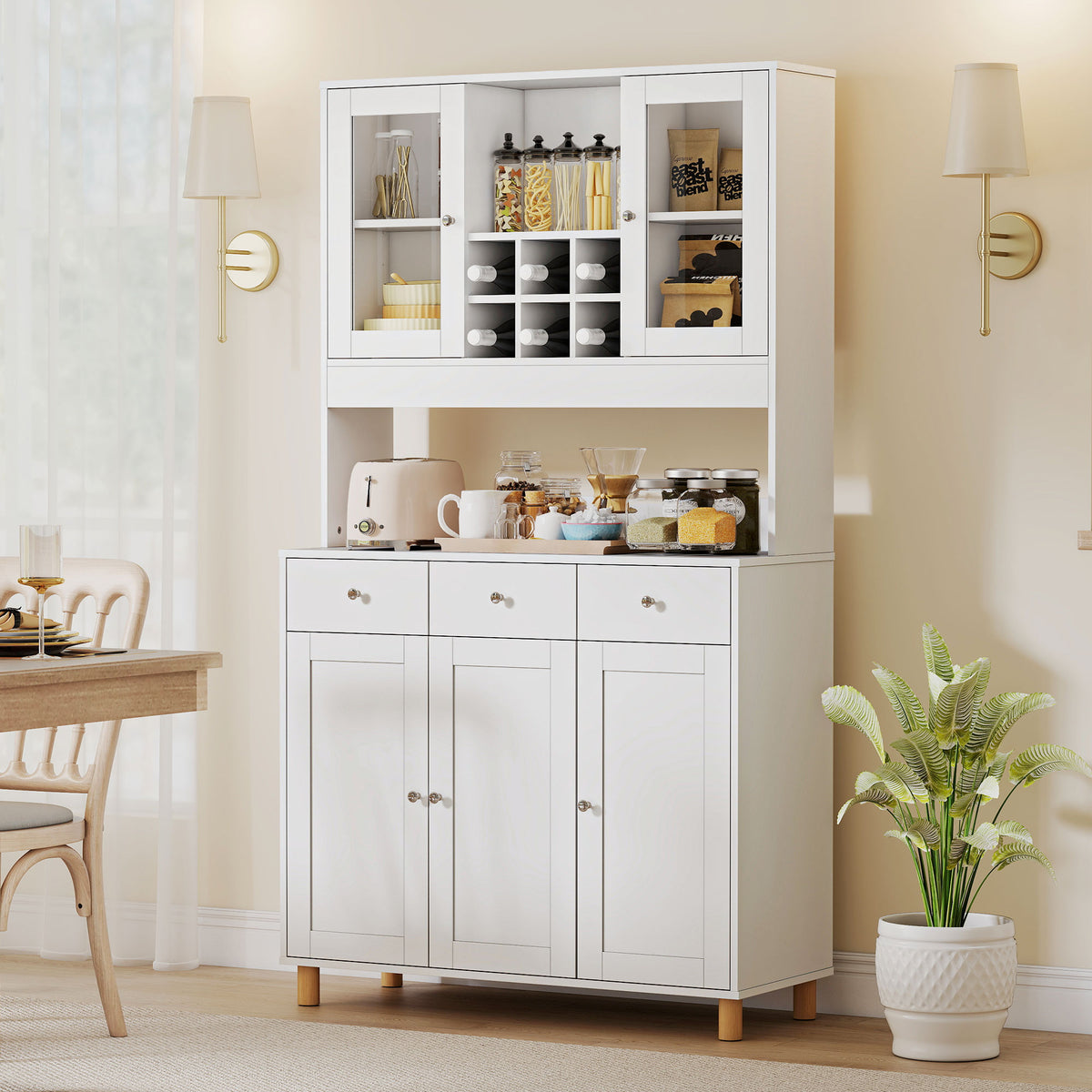 180 cm kitchen cabinet, 2 glass doors, 3 drawers, 4 adjustable shelves, dining room cabinet, chipboard, white (2)