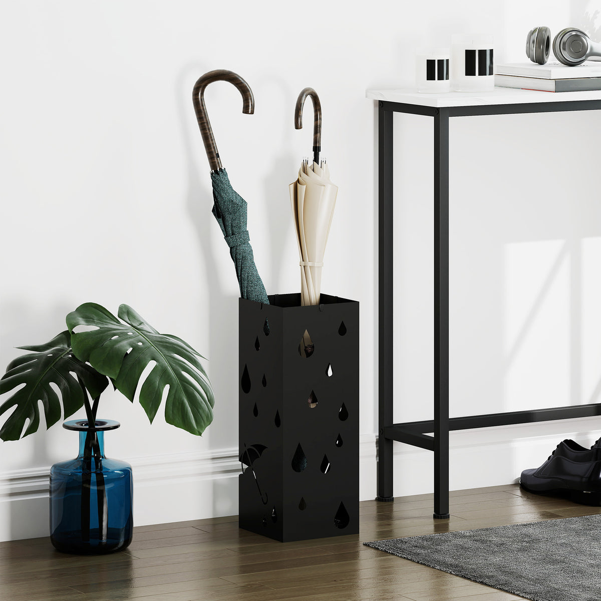 Umbrella stand, 4 hooks, drip tray, steel, black (2)