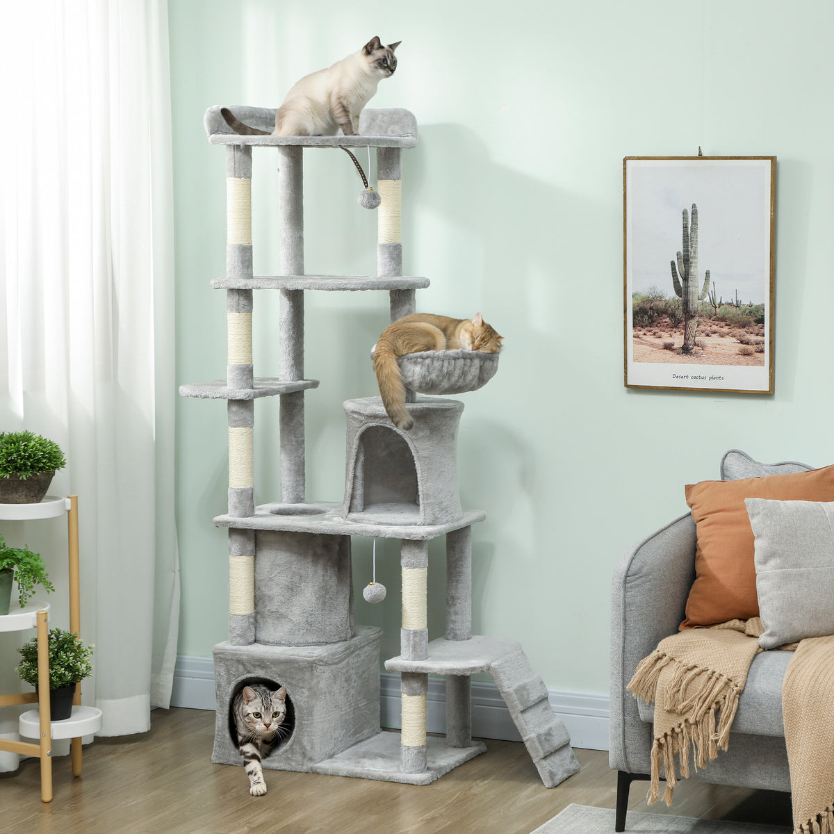 Cat tree, 170 cm, tunnel, caves, large base, sisal posts, light gray (2)