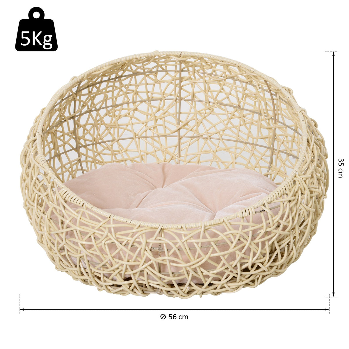 Rattan cat cave cat bed cat house with cushion cat tent pet house for cats dogs beige Ø56 x 35 cm (3)