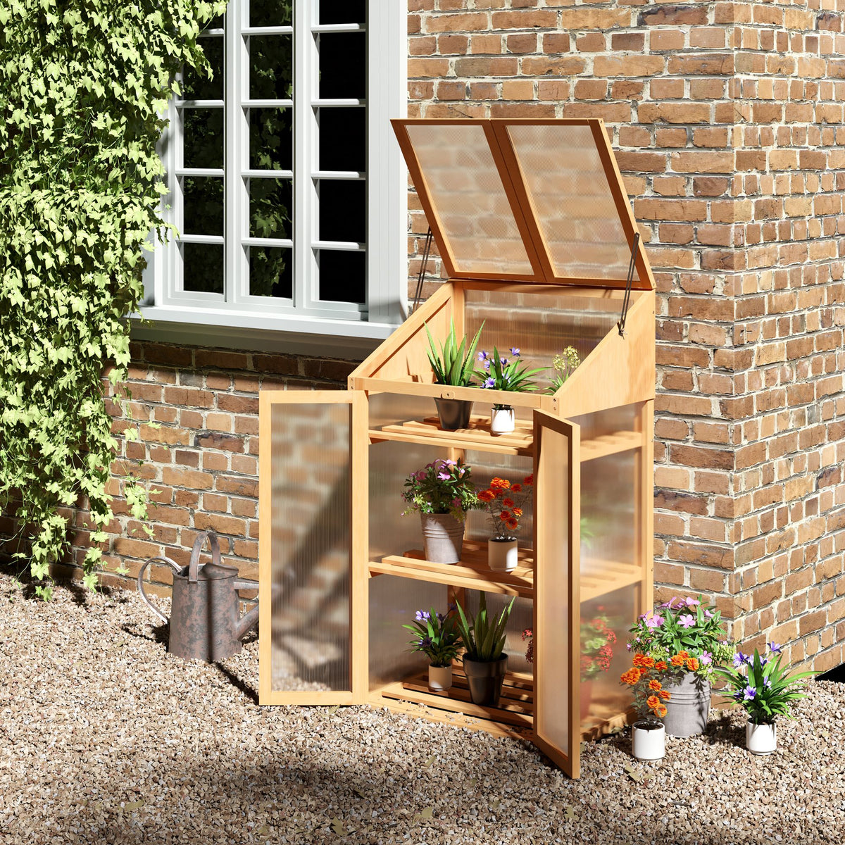 Mini greenhouse, small glasshouse with wooden frame, windows and double door, 3 shelves, 70L x 50W x 120H cm (2)