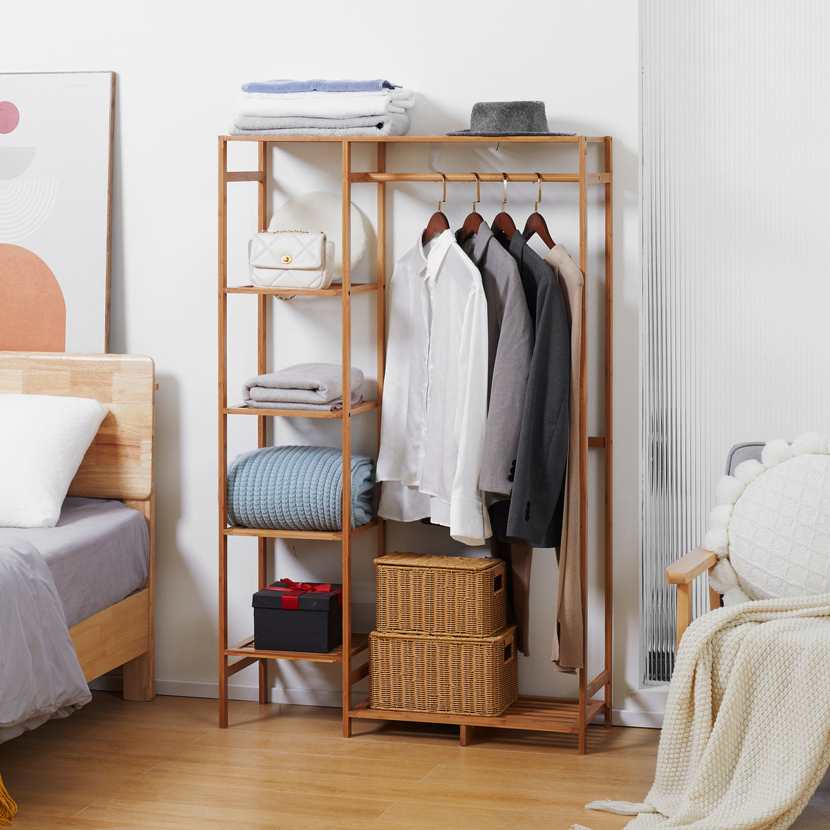 Clothes rack coat stand with garment rail, shoe rack, shelf, bamboo natural wood wardrobe (2)