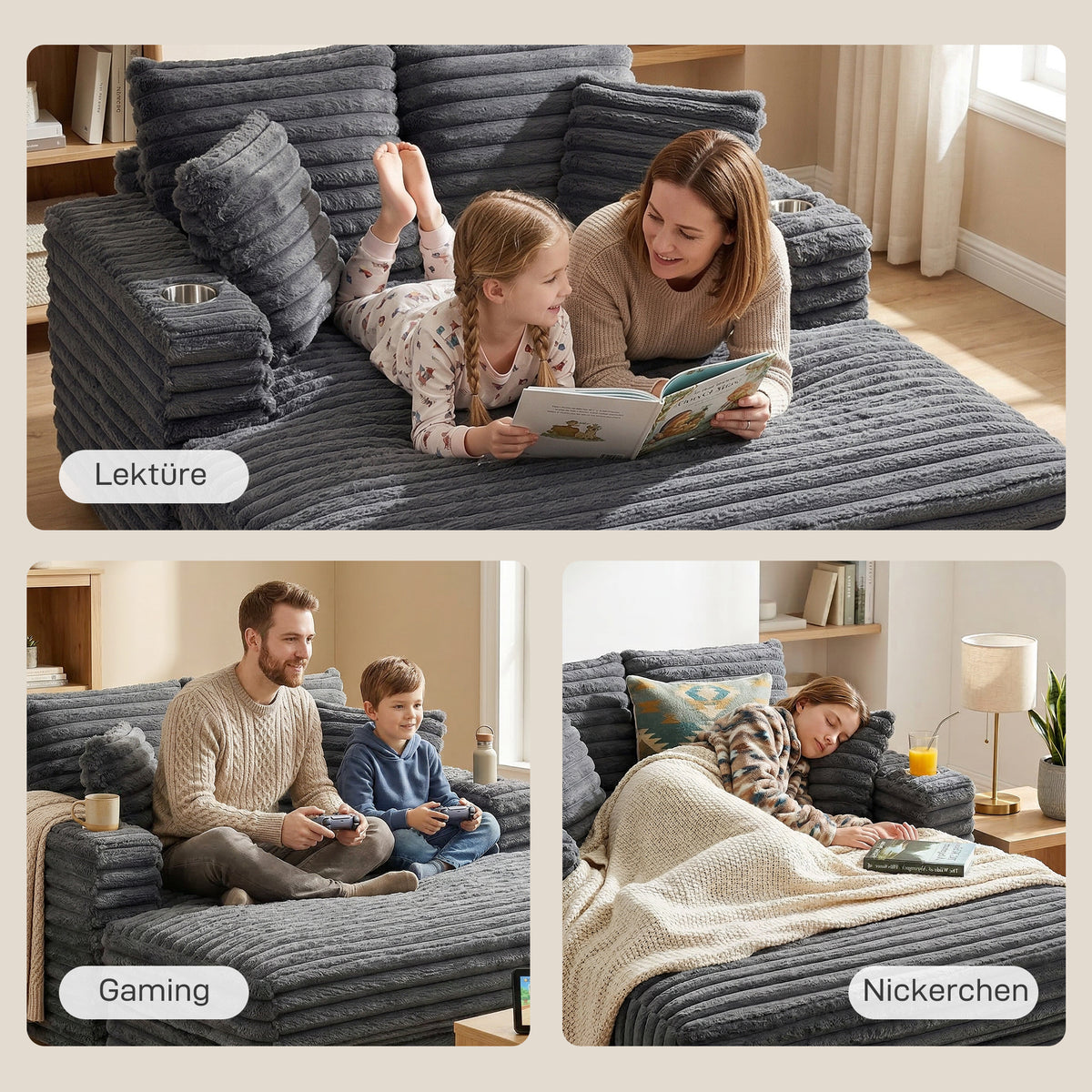 Chaise Longue 2-Seater Large Sofa Bed 134 x 151 cm with Cup Holder for Living Room, Gray (8)