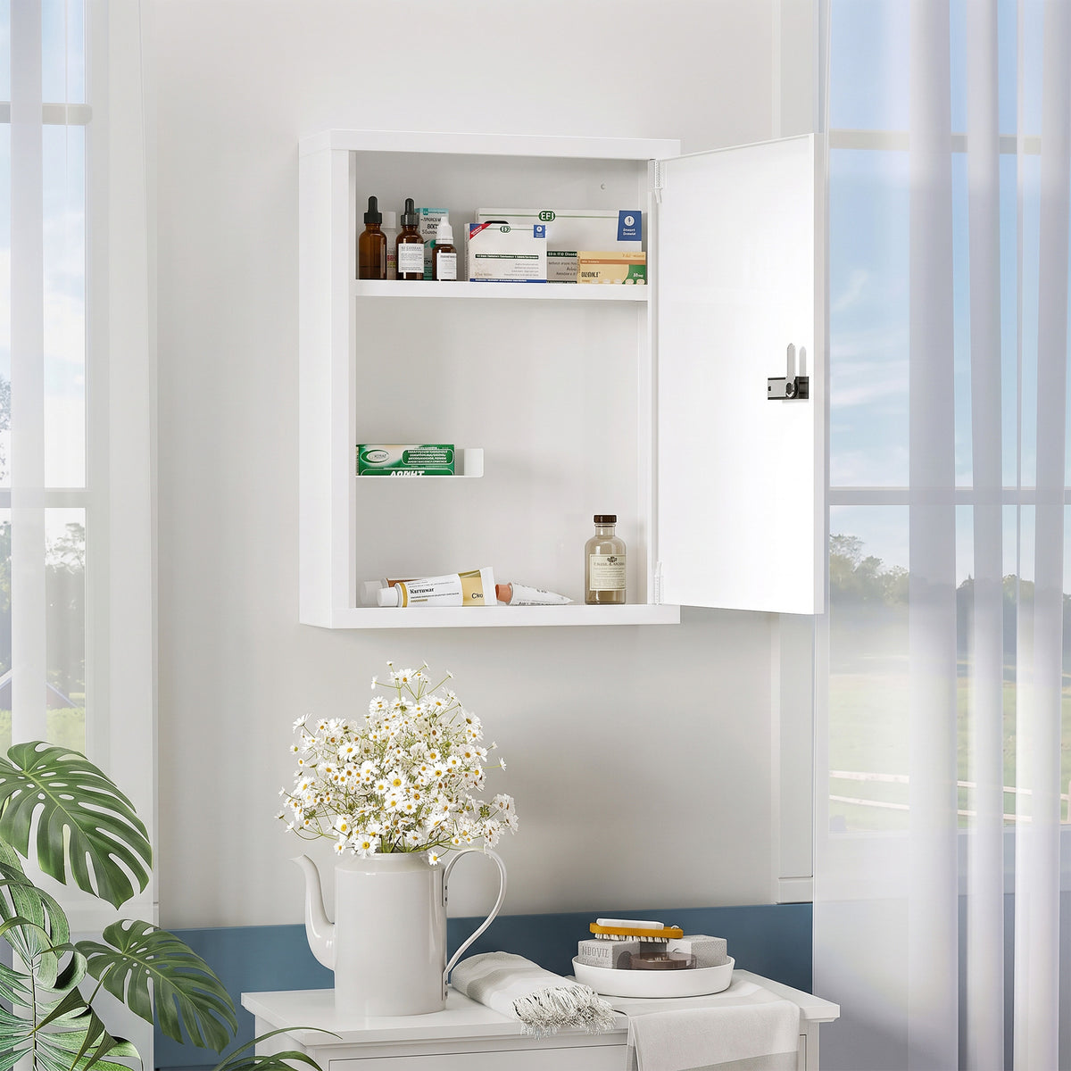Wall-mounted medicine cabinet, bathroom cabinet with combination lock, door and storage compartments, white (2)