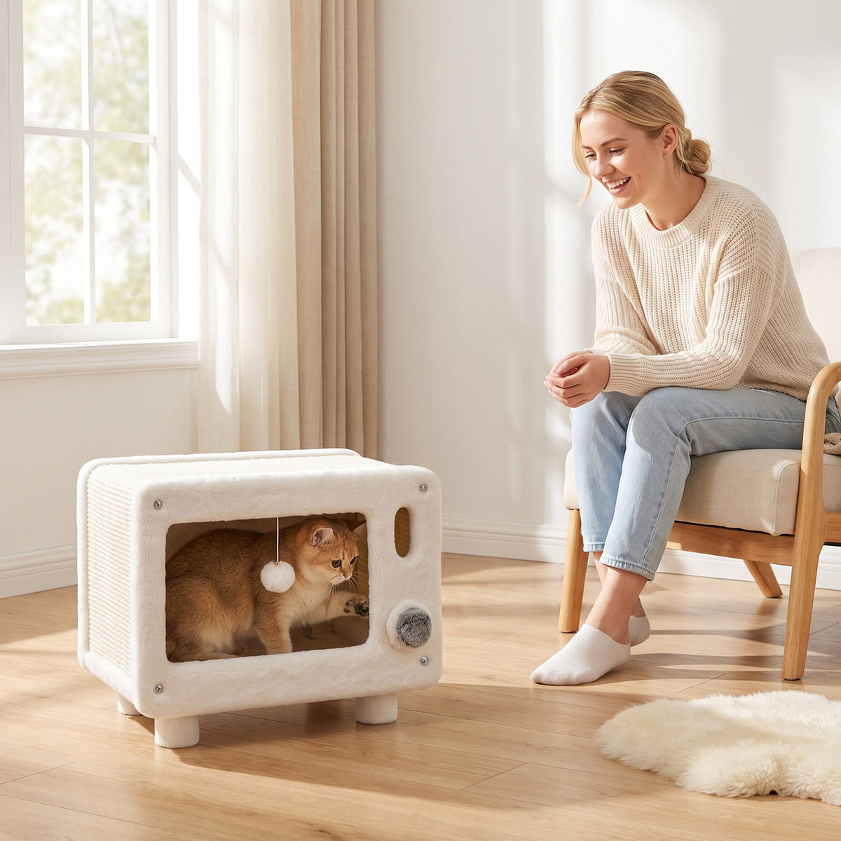 TV-style cat house, cat cave with hammock and play ball, sisal scratching mat, for cats up to 7 kg, 50 x 33 x 42 (2)