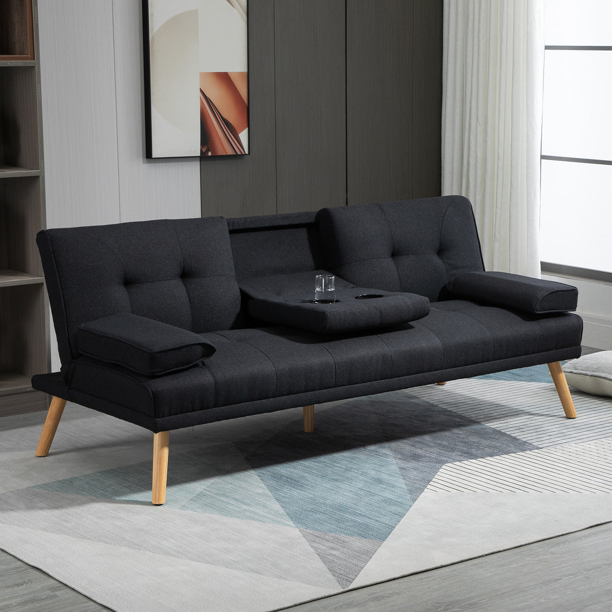 Sofa bed, guest bed, adjustable backrest, folding table, 181x77x78 cm, black (2)