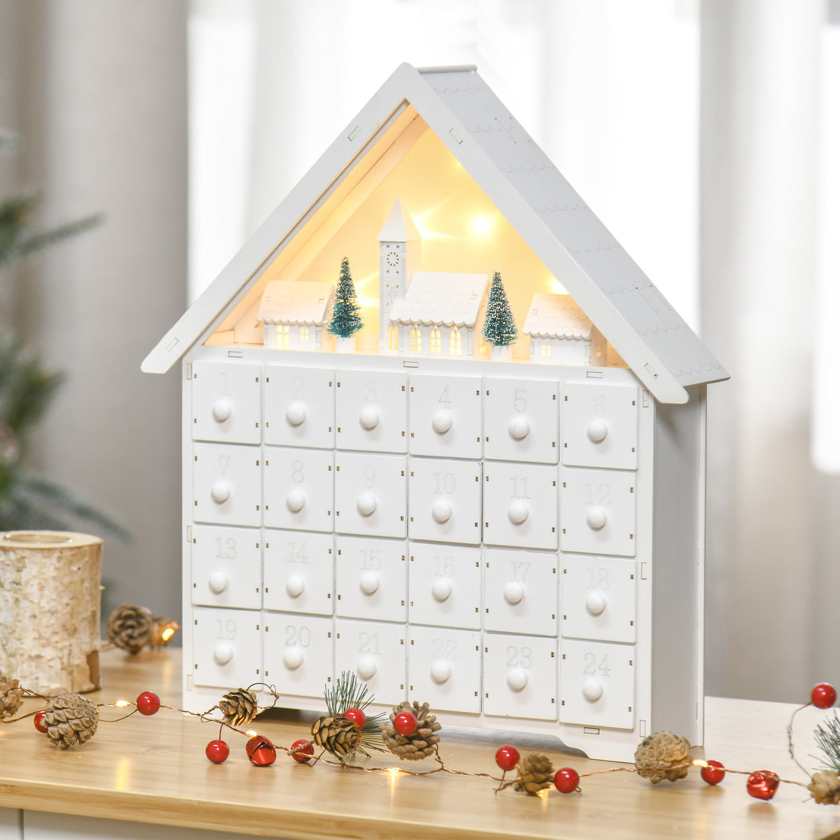 Advent calendar Christmas decoration, 24 drawers, LED lights, 39 cm x 9 cm x 42 cm, white + green (2)