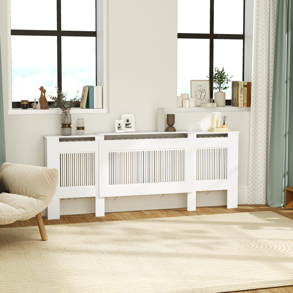 Radiator cover, slatted design, adjustable length 125-201 cm, MDF, white (2)