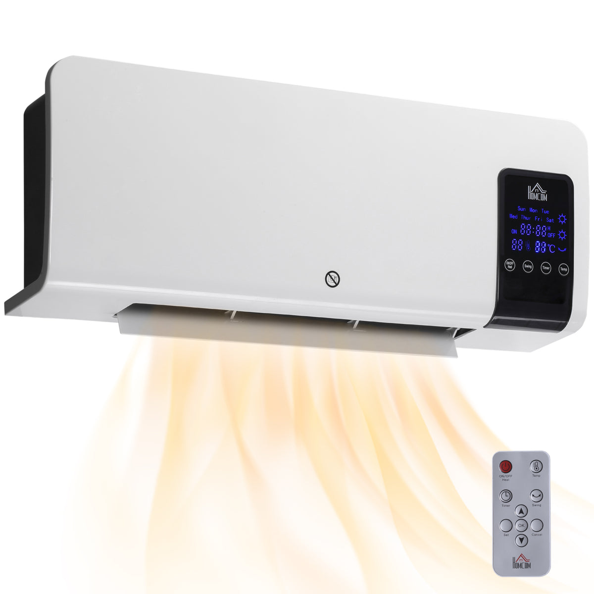 Electric heater, wall-mounted, oscillation function, 2 modes, timer, LED display, white