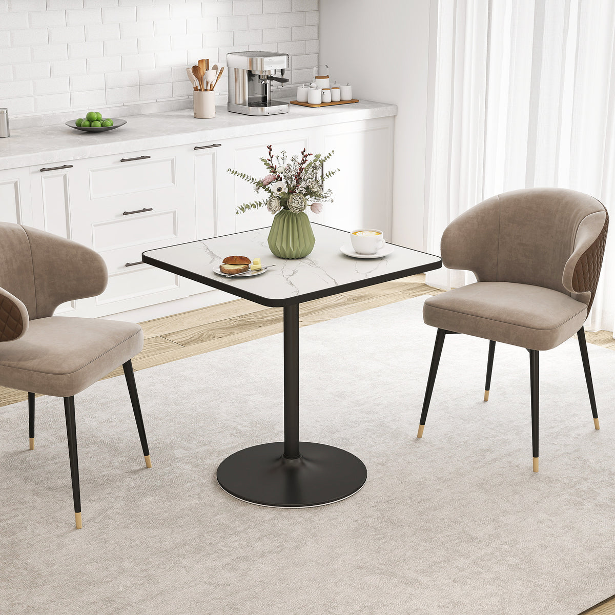 Dining table, 70 x 70 cm square kitchen table for 4 people with marble look for kitchen white (2)