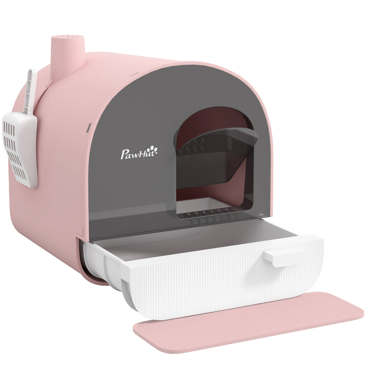 Cat litter box with lid, litter scoop, litter trapping mat, plastic, pink/black
