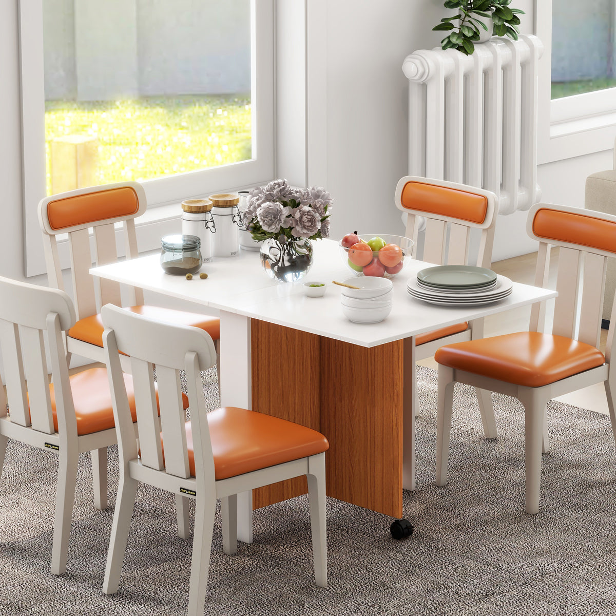 Foldable dining table, extendable dining table, mobile, modern design, 120 cm x 80 cm x 73 cm, teak + white (2)