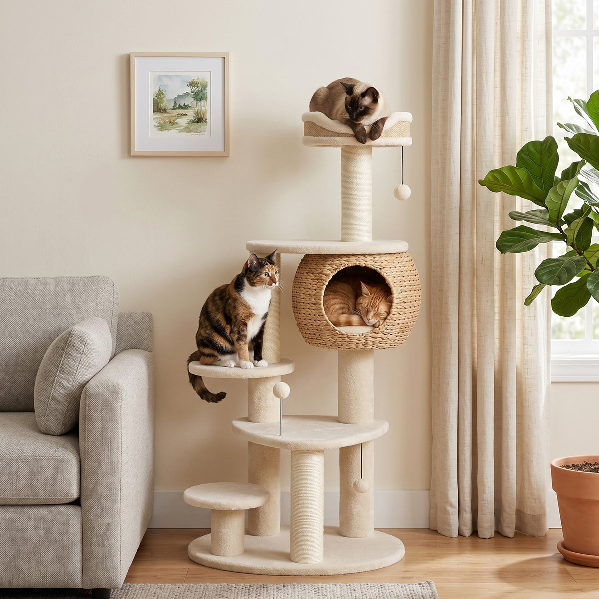 Large Cat Tree 132 cm tall with cattail cave, scratching posts, bed, 3 play balls, anti-topple device, for 1-2 (2)