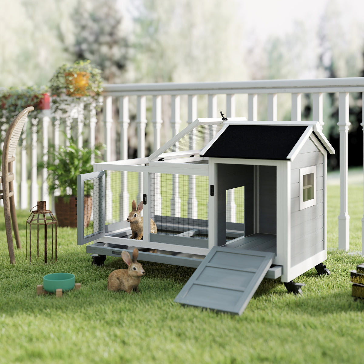 Small animal hutch for dwarf rabbits, guinea pigs, with wheels, 108 x 58 x 73.5 cm, grey (2)