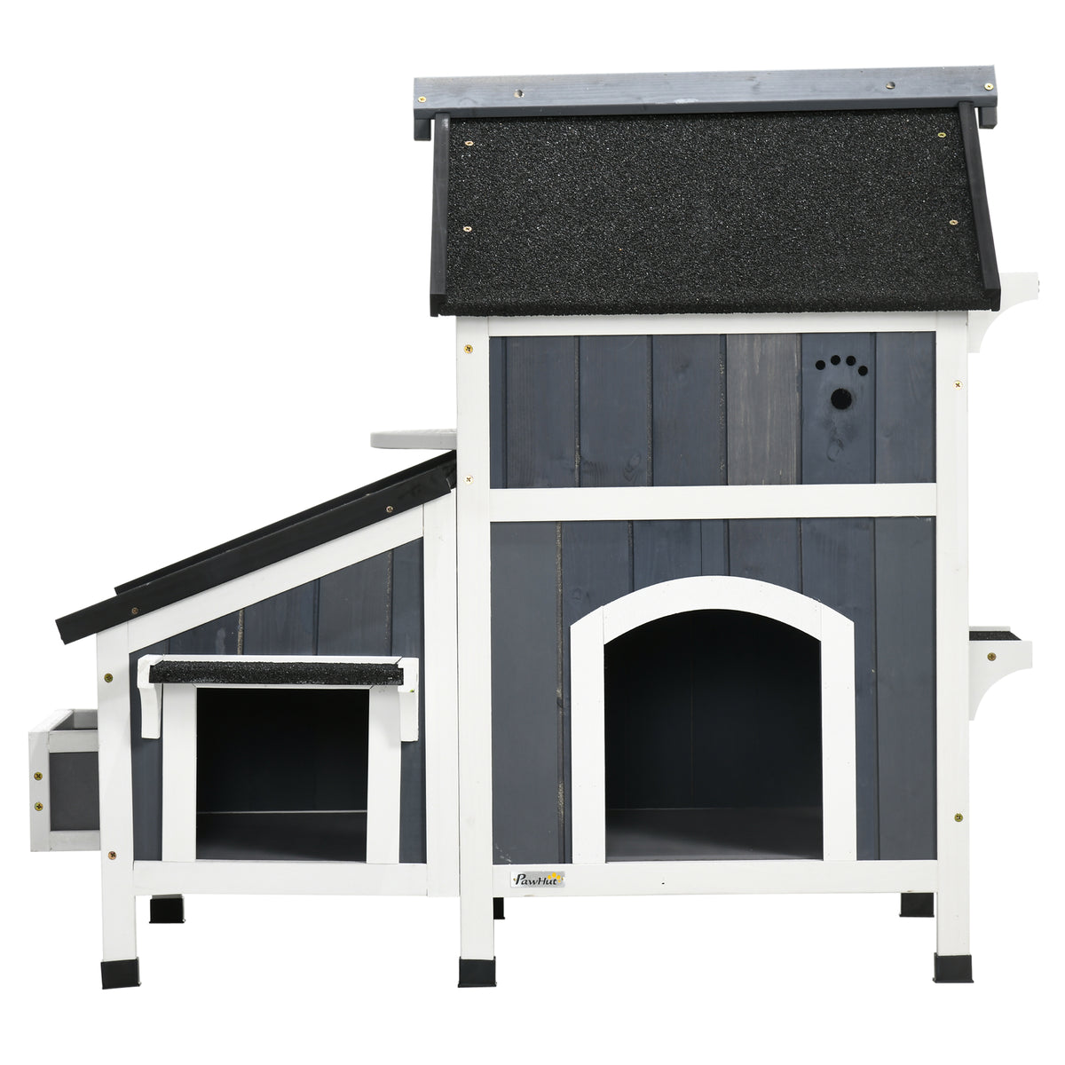 Outdoor cat house, two-story, raised floor, natural wood, asphalt roof, gray, 96 x 65 x 85.5 cm