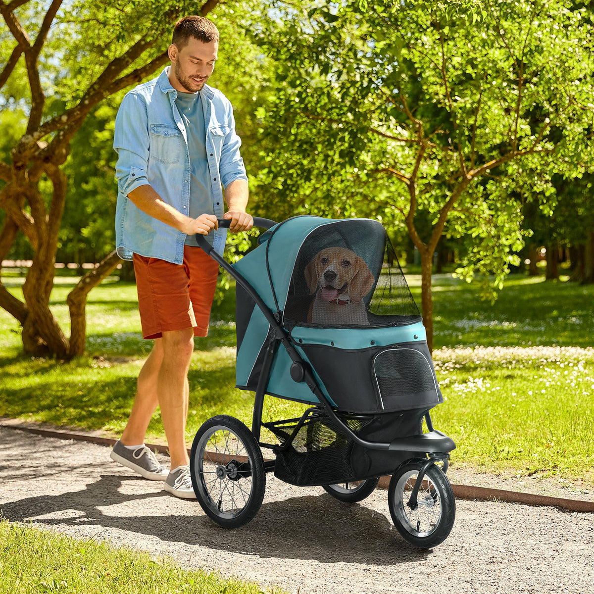 Dog stroller, foldable, sun canopy, mesh window, storage basket, dark green, 111 x 58 x 107 cm (2)
