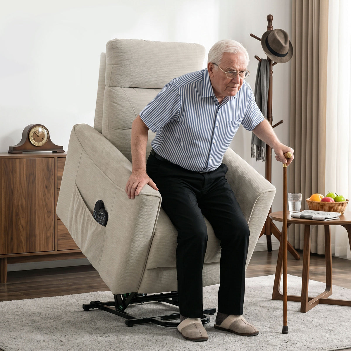Recliner with electric lift assistance, massage & heat, chenille armchair with pocket spring core, greige (2)