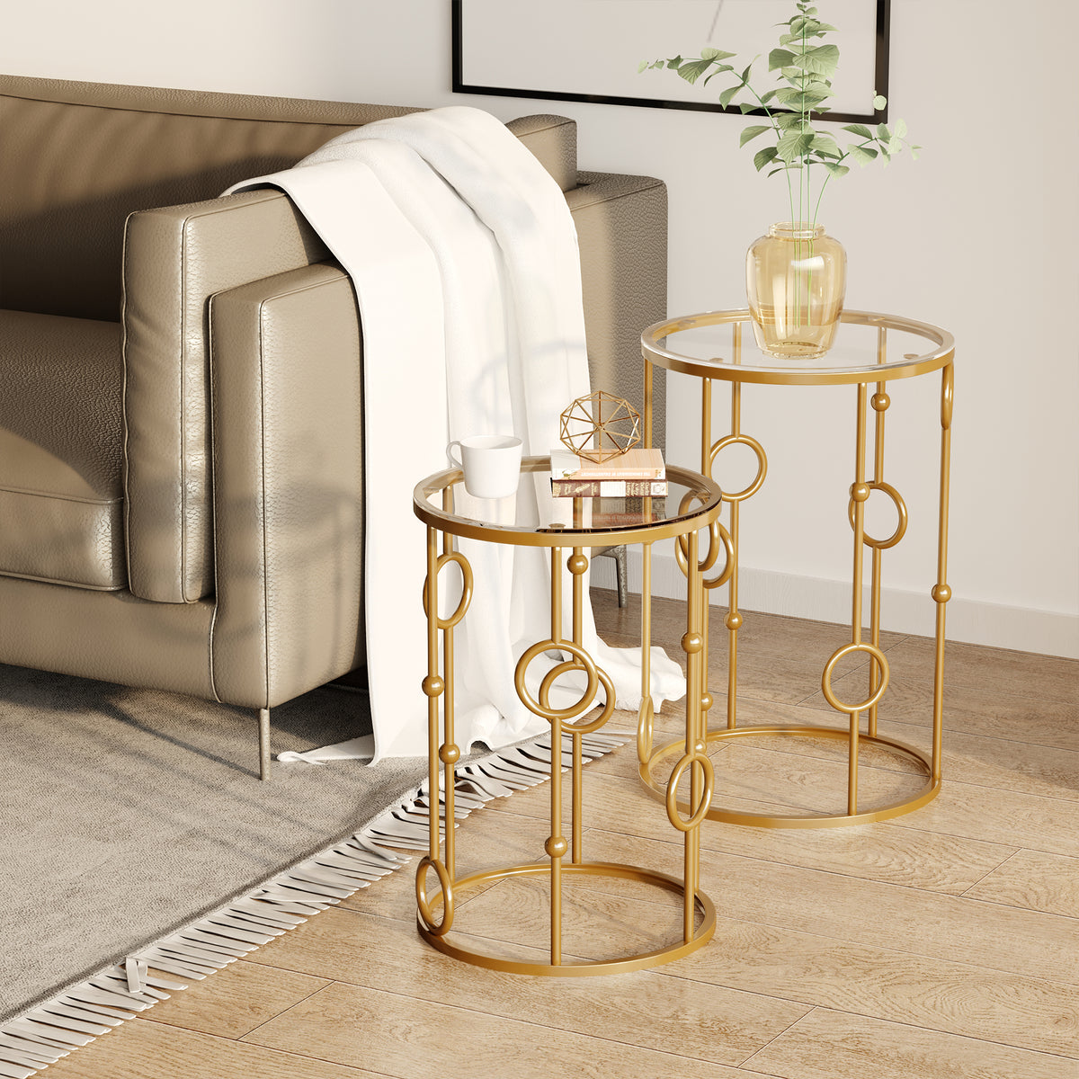 2-piece coffee table set, side table with glass top, living room table with tire and sphere design Ø41 x 57 cm (2)