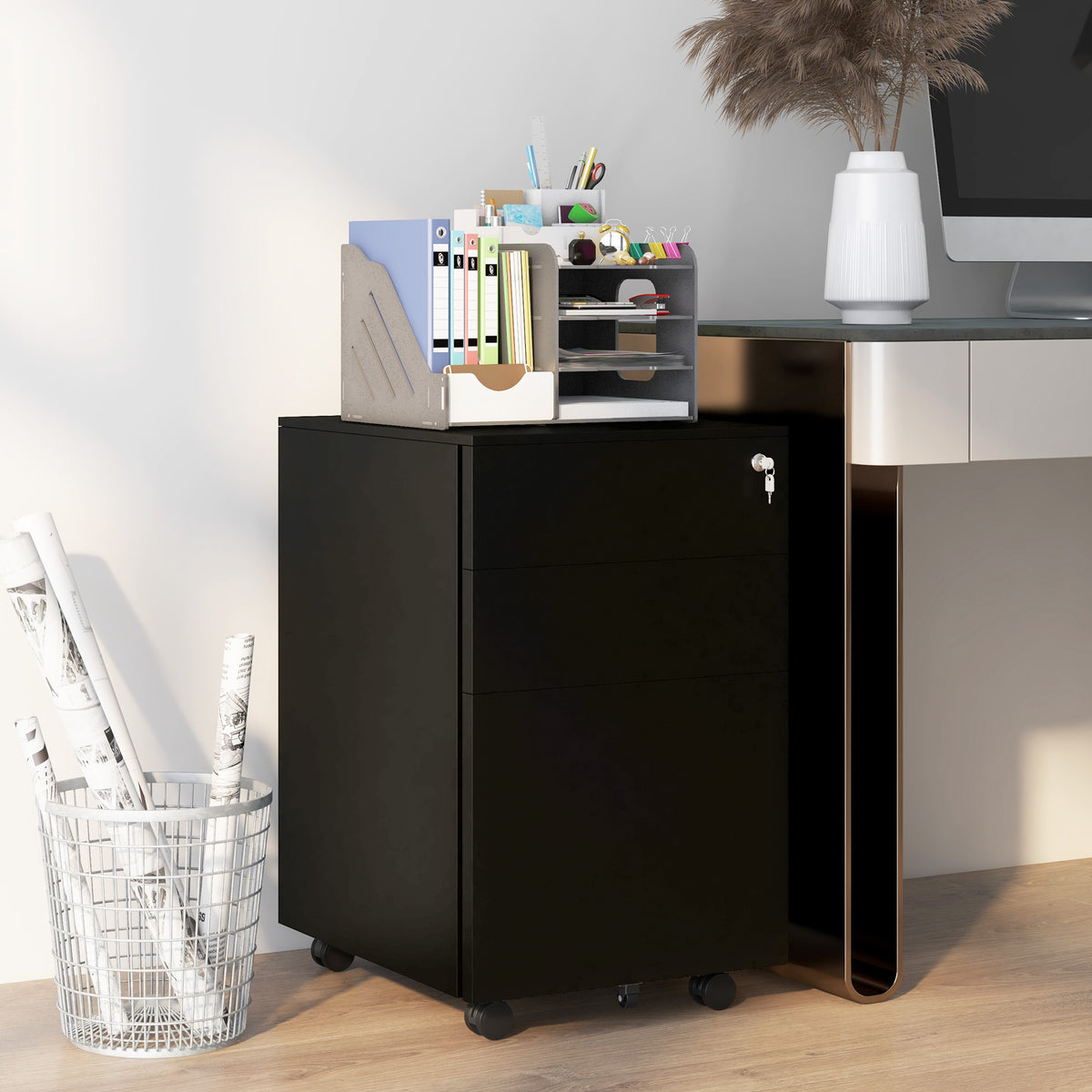 Mobile filing cabinet, 3 drawers, lockable, on casters, 37 cm x 43.5 cm x 60 cm, black (2)