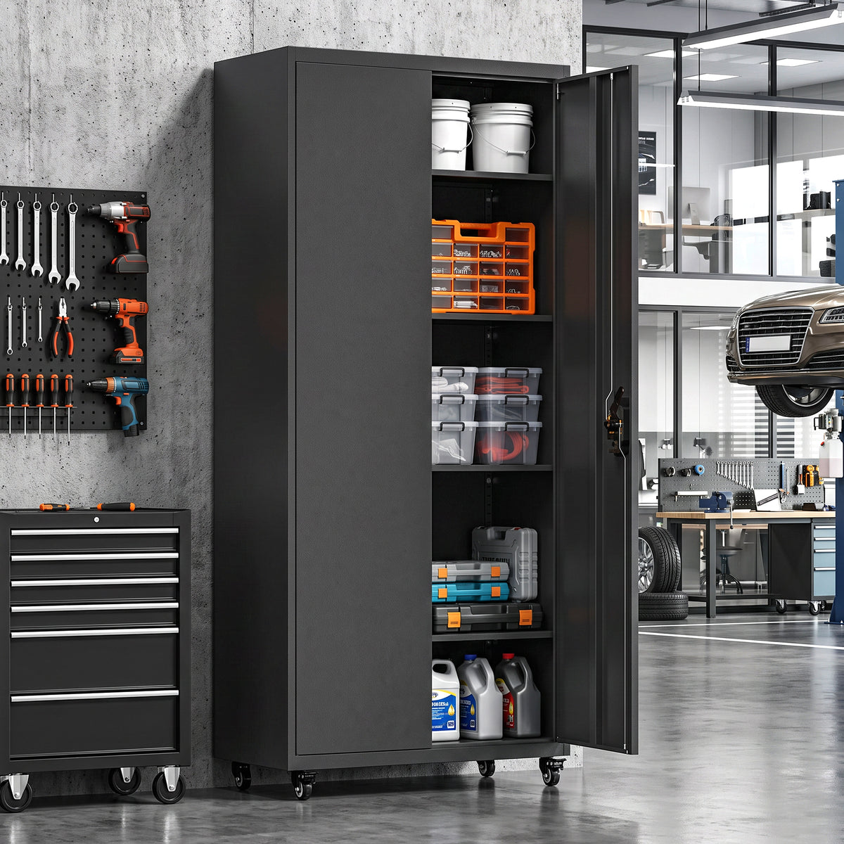 Filing cabinet, lockable metal cabinet with wheels, adjustable shelves, made of steel, 80 x 40 x 180 cm black (2)