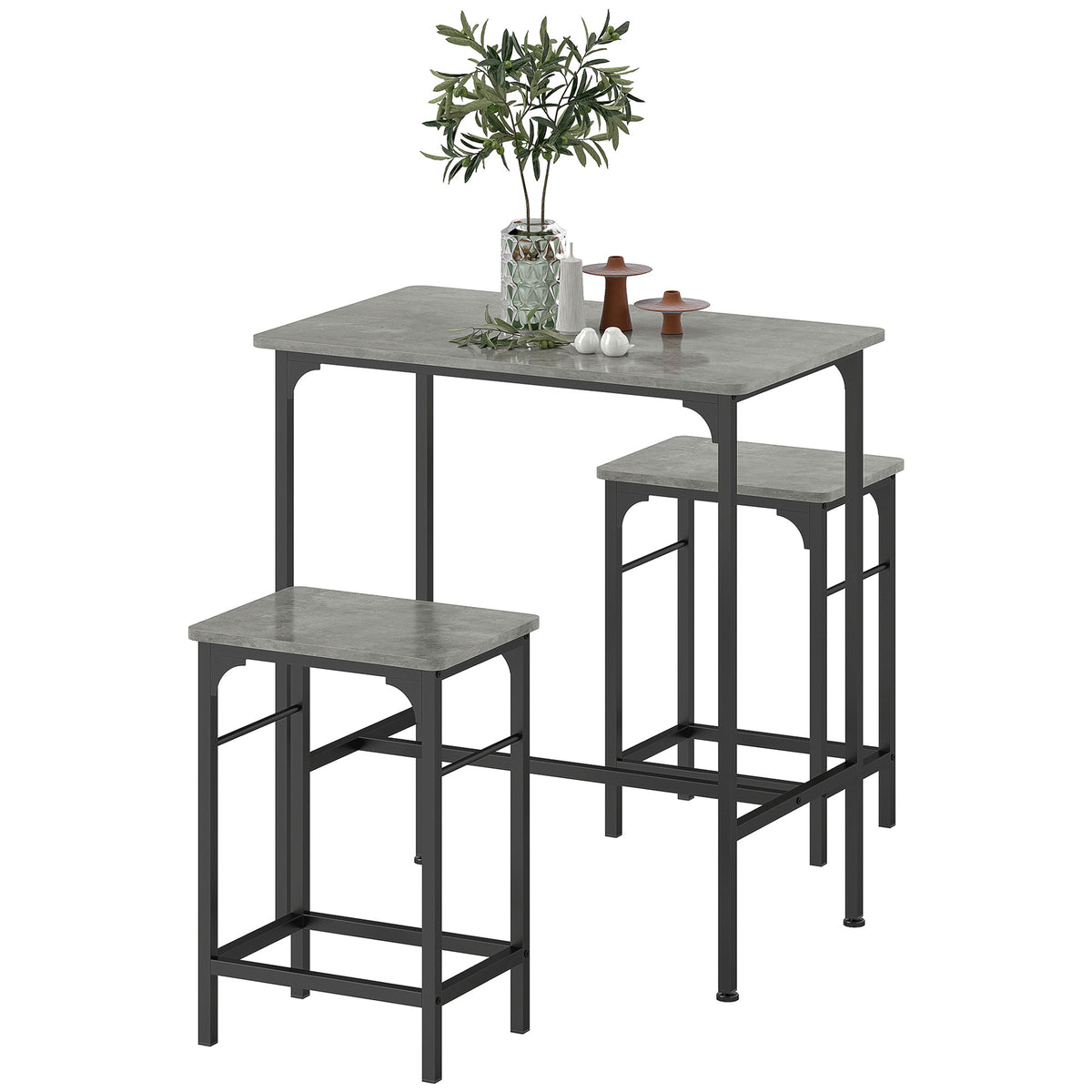 Bar Table Set, Bar Table with Bar Stool Set, Dining Table with 2 Chairs with Anti-Slip Foot Pads, Gray