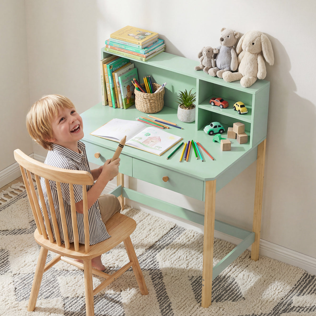 Children's desk student desk with drawers shelf storage for children aged 5-12 years 90 x 52 x 105 cm green (2)