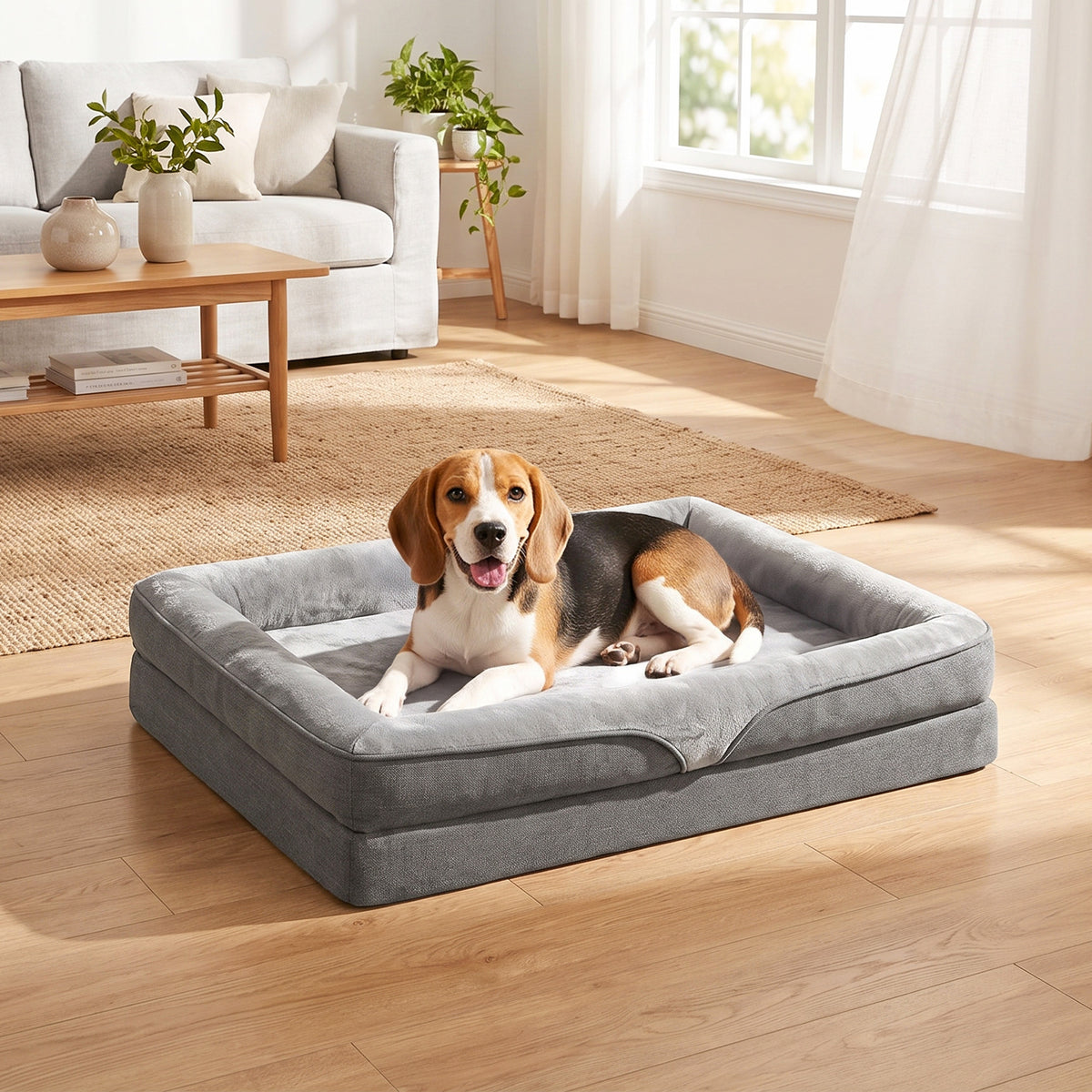 Dog bed with raised edges, non-slip bottom, linen-look, washable, water-repellent dog cushion, 91x68x16cm (2)