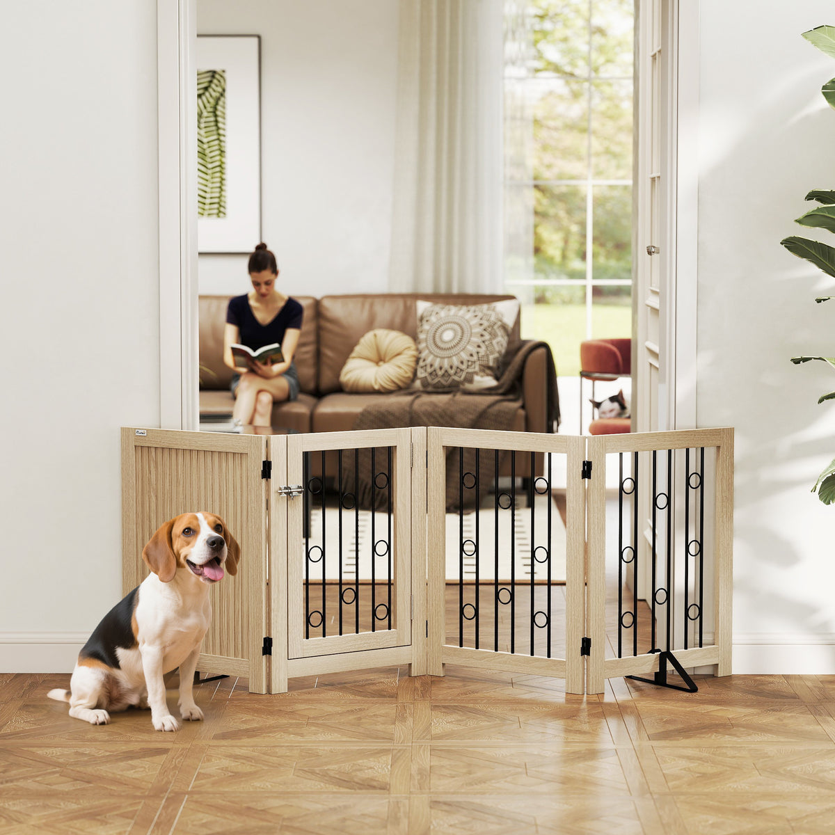 Freestanding pet gate, dog barrier with door, 4 panels, for hallway, stairs, door frame, MDF, steel (2)