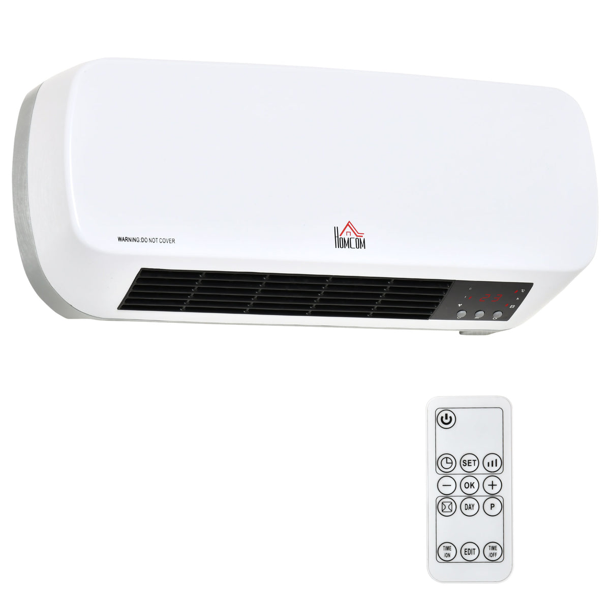 Wall-mounted fan heater 2000W with remote control, 2 heating modes, LED display, 12h timer for bathroom