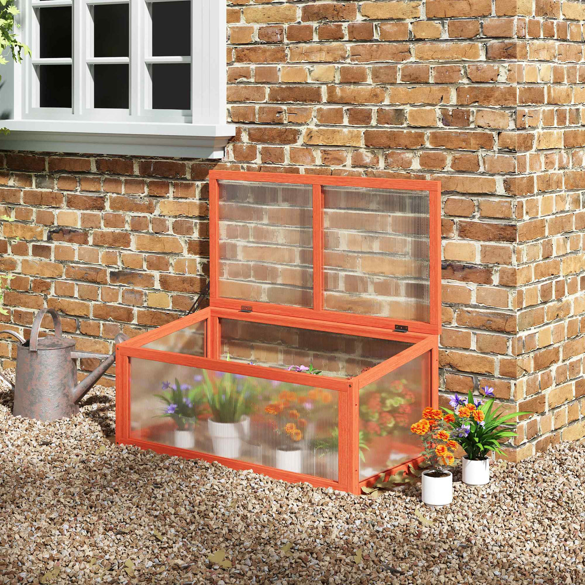 Cold Frame Wooden and Polycarbonate Greenhouse 90 x 46 x 40 cm Greenhouse with Cover Weatherproof Cold Frame Box (2)
