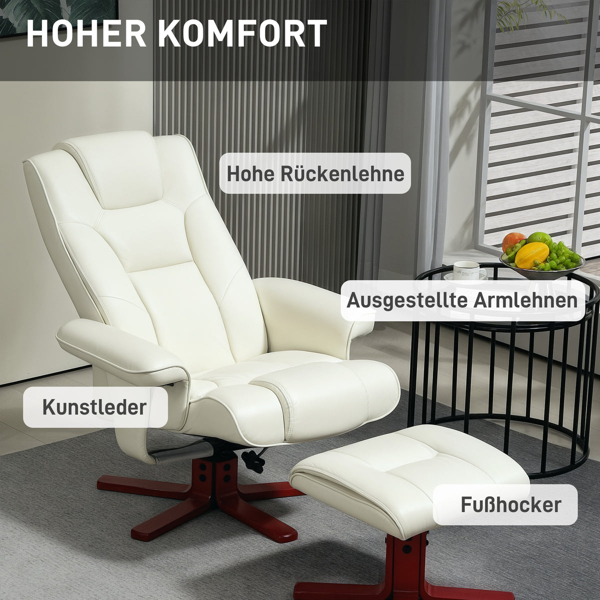 Recliner chair with footstool, faux leather, reclining backrest, up to 150 kg, cream white (6)
